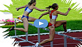 two women track runners jumping a hurdle